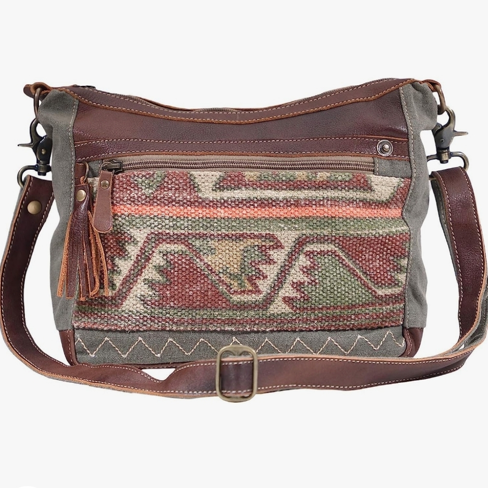 Myra Womens Bag Luguni Upcycled Canvas & Leather Shoulder Bag S-1610-Brown/Green